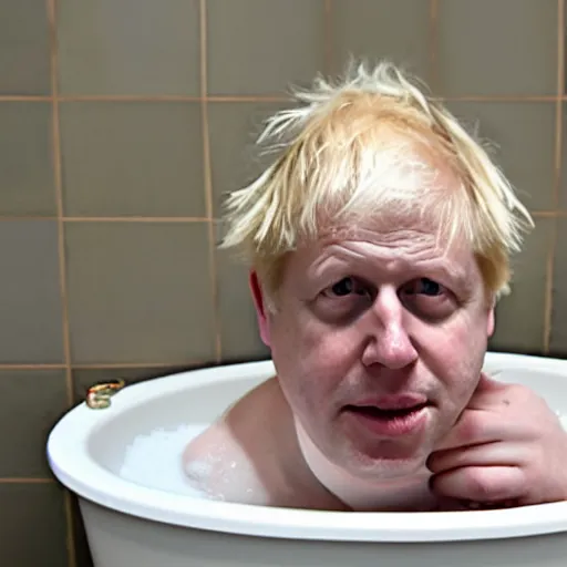 Image similar to Boris Johnson sitting in a bathtub full of baked beans, photograph