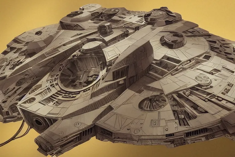 Image similar to the millenium falcon built from organic components, soft, sharp focus, detailed, sci-fi, hyperrealism, concept art by artgerm and Alphonse Mucha and Moebius