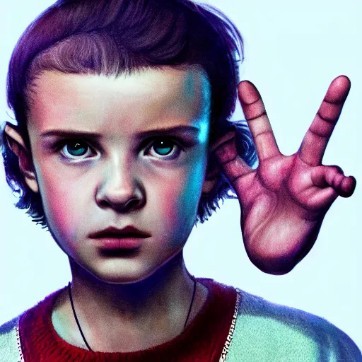 Image similar to eleven from stranger things with her hand outstretched facing the camera, trending on artstation, art by yoshitaka amano, 4k