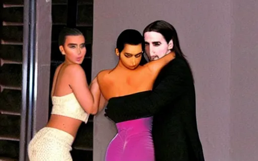 Prompt: American Psycho Christian Bale hugging kim kardashian & kylie Jenner in an abandoned mafia mansion