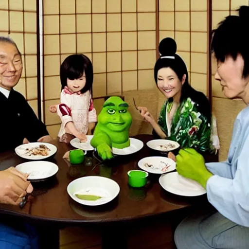 Prompt: photo of a japanese family having dinner with shrek