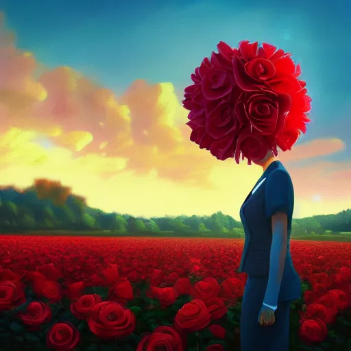 Prompt: closeup, giant rose flower head, frontal, a girl with suit, surreal photography, sunrise, blue sky, dramatic light, impressionist painting, digital painting, artstation, simon stalenhag