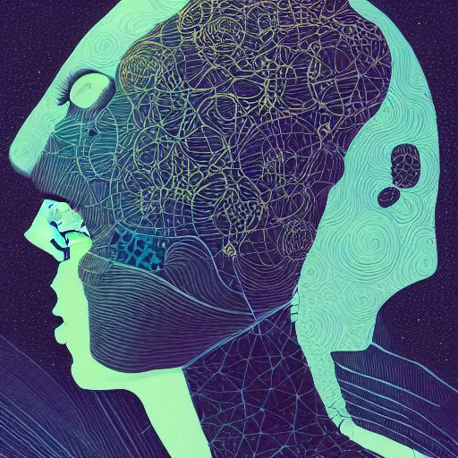 Prompt: a wandering mind, logo without text, transparent background victo ngai, kilian eng, trending on artstation, blue, low complexity