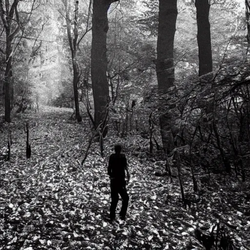 Prompt: creepy forest, creepy creature eating man on the ground, horror photo, photo from cctv footage, black and white