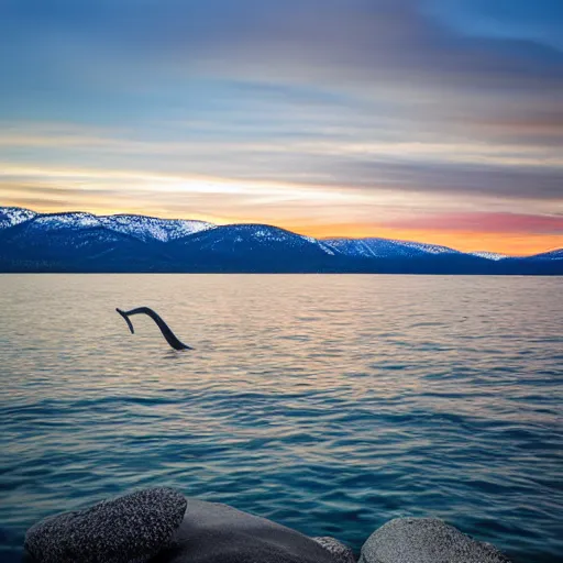 Prompt: nessie at lake tahoe from far off, crystal bay california, professional photography, sunset