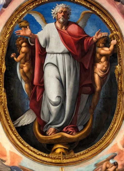 Image similar to A beautiful fresco of Bernie Sanders as God by Michelangelo, golden rays, clouds and Alexandria Ocasio-Cortez as a cherub with wings