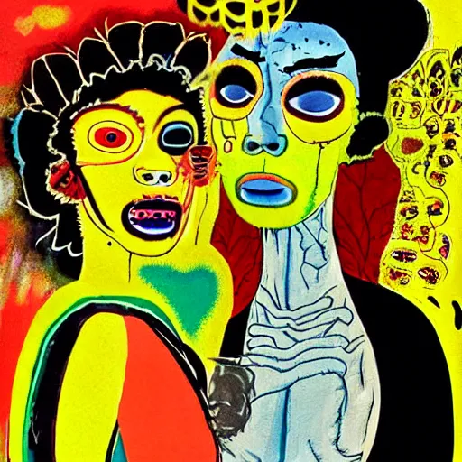 Image similar to beautiful painting of two bizarre psychedelic women kissing each other closeup in tokyo in springtime, speculative evolution, mixed media collage by basquiat and junji ito, magazine collage art, paper collage art, sapphic art, lesbian art