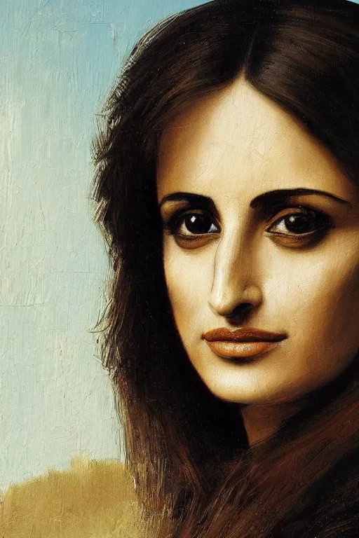 Image similar to oil painting, portrait of penelope cruz, artwork by leonardo da vinci