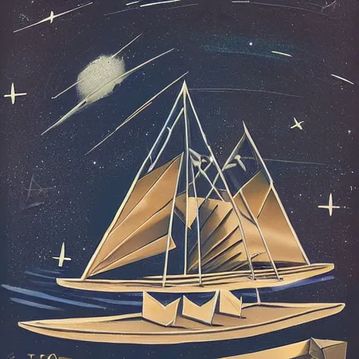 Prompt: into the unknown, whats at the edge of the universe, cardboard box sailboat in space, by lucas parolin, dark and moody, high detail, extremely sharp detail aspect ratio 1 1 by 1 4