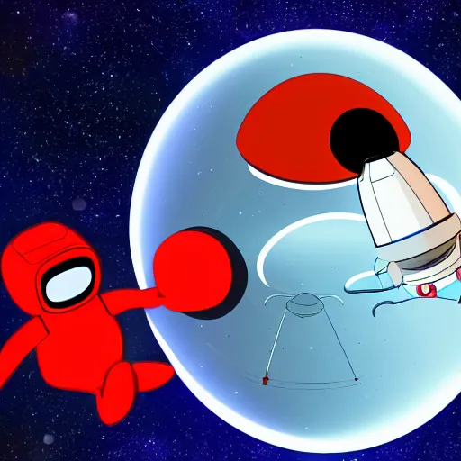 Image similar to 2 d cartoon of a red, short, bean shaped astronaut with no arms and a long blue visor