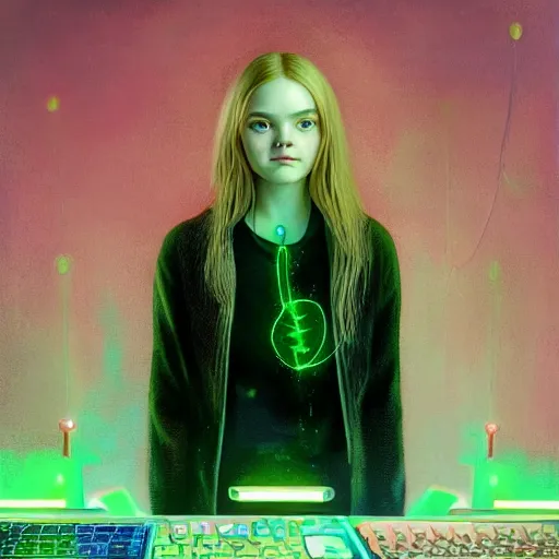 Prompt: portrait of a elle fanning surrounded by bioluminescent green computers with hacker code, detailed realism face in painting, detailed beautiful portrait, oil painting masterpiece, 8 k resolution, smooth, sharp focus, trending on artstation, by rembrandt