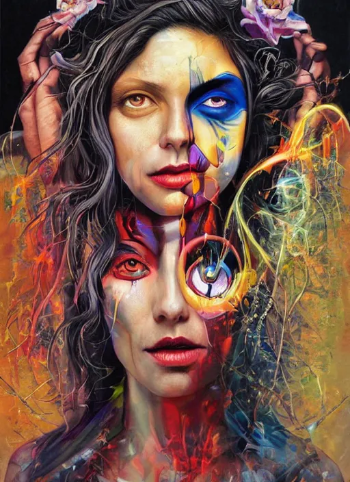 Image similar to gorgeous magic cult psychic woman smiling, third eye, subjective consciousness psychedelic, epic surrealism expressionism symbolism, story telling, iconic, dark robed, oil painting, symmetrical face, dark myth mythos, by Sandra Chevrier, Noriyoshi Ohrai masterpiece