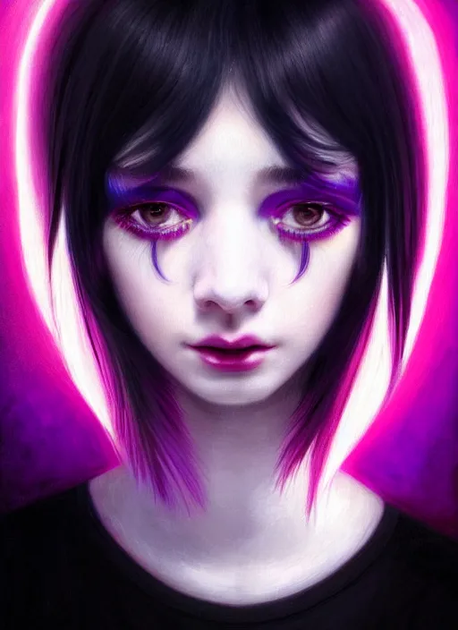 Image similar to portrait of teenage girl with white bangs, red irises, black hair, purple clothes, white bangs, bangs are different color from hair, intricate, front of hair is white rest is black, elegant, glowing lights, highly detailed, digital painting, artstation, concept art, smooth, sharp focus, illustration, art by wlop, mars ravelo and greg rutkowski