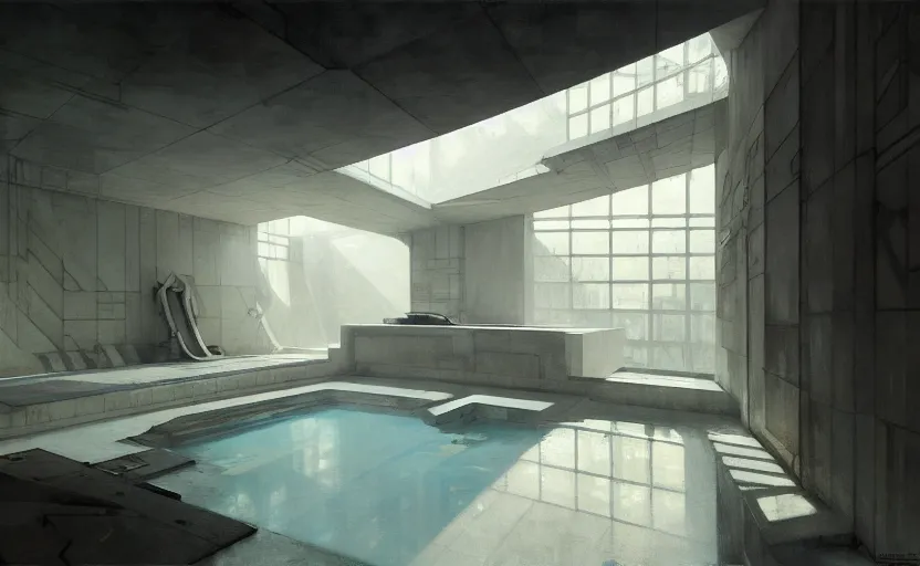 Image similar to painting of interior shot of a white concerete brutalist house architecture with big pools by darek zabrocki, alphonse mucha and greg ruthkowski, cinematic and cold atmospheric, archillect concept art, artstation, trending on artstation