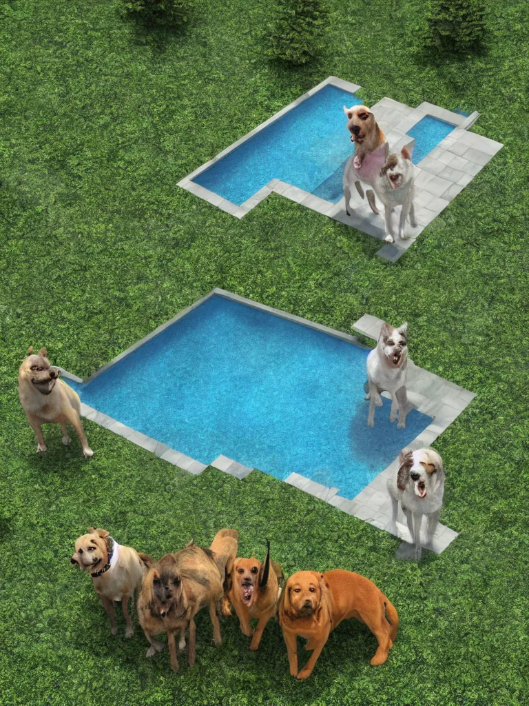 Prompt: team of 3 different sized dogs, escaping modern rich person villa with swimming pool surrounded by climate change forest and wild fire, birds eye view, 3d render, impressionistic