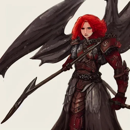 Image similar to a battle ready red haired valkyrie with gargoyle wings and a fiery sword, fantasy concept art