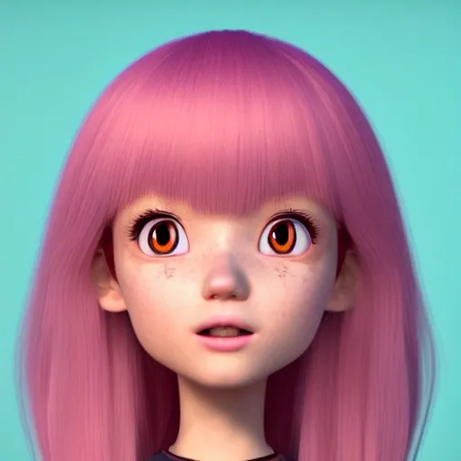 Image similar to A portrait of Nikki from Shining Nikki and Love Nikki, a cute 3d cgi toon young woman with long light pink hair, full bangs, hazel eyes, full round face, light makeup, pale skin, Chinese heritage, in the center midground, medium shot, mid-shot, hyperdetailed, 8k, trending on artstation, as a Pixar character