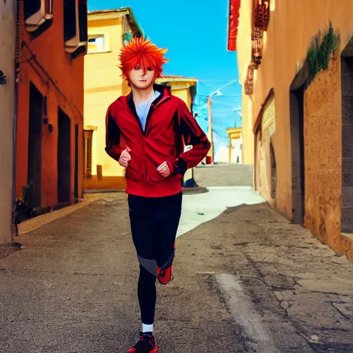 Image similar to orange - haired anime boy, 1 7 - year - old anime boy with wild spiky hair, wearing red jacket, running through italian town, yellow sunshine, sepia sun, strong lighting, strong shadows, vivid hues, ultra - realistic, sharp details, subsurface scattering, intricate details, hd anime, 2 0 1 9 anime