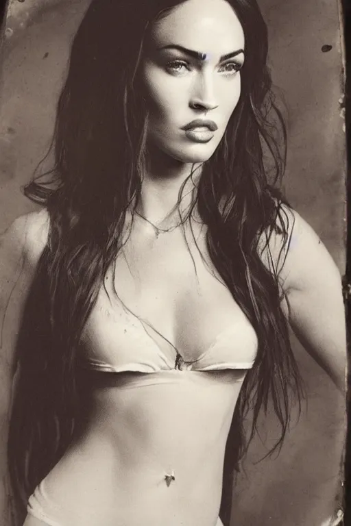 Image similar to a tintype photo of Megan Fox