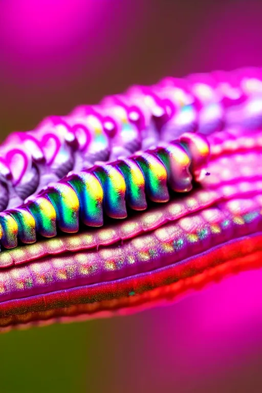 Image similar to high quality macro photo iridescent cyborg caterpillar! cute highly detailed david ligare elson peter cinematic pink lighting high quality low angle hd 8k sharp shallow depth of field