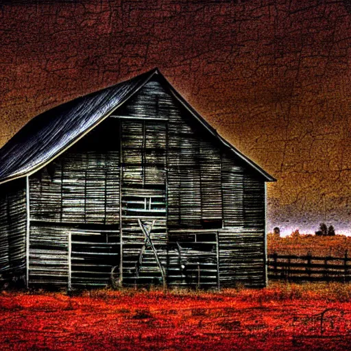 Prompt: a spooky old barn artistic rendition saturated colors deep blacks