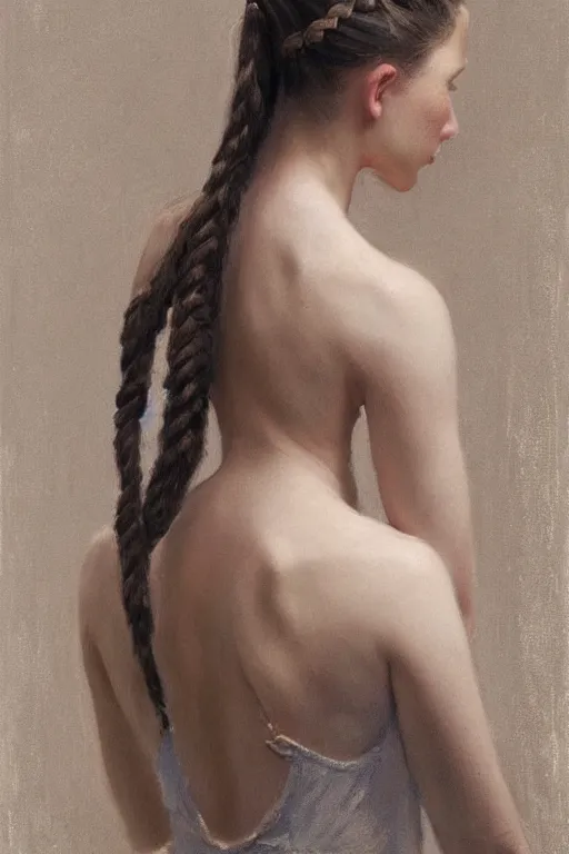 Prompt: girl with braided ponytail hairstyle, back view, dragon tattoo sleeve, jeremy lipking, joseph todorovitch