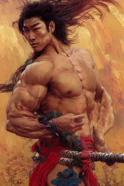 Prompt: attractive muscular man, wuxia, colorful, painting by gaston bussiere, craig mullins, greg rutkowski, alphonse mucha