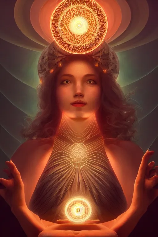 Image similar to a centered render of a goddess emitting a glorious geometric energy is surrounded by spiral mandel bulb fractals, powerful, cinematic, beautifully lit, by artgerm, by karol bak, 3 d, trending on artstation, octane render, 8 k