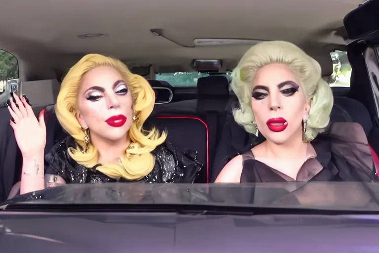 Image similar to lady gaga and judy garland carpool karaoke, highly realistic, highly detailed, high resolution, 8 k 4 k,