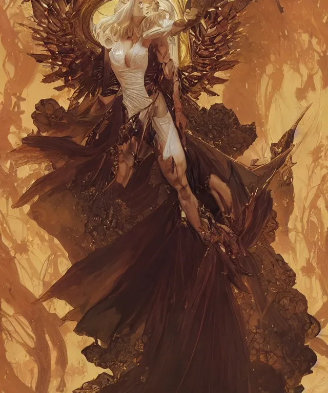 Image similar to Albedo as Lucifer morningstar, very detailed, digital art, trending on artstation, concept art, smooth, illustration, art by artgerm and greg rutkowski and alphonse mucha and J. C. Leyendecker and Edmund Blair Leighton and Katsuhiro Otomo and Geof Darrow and Phil hale and Ashley wood and Ilya repin and Charlie Bowater