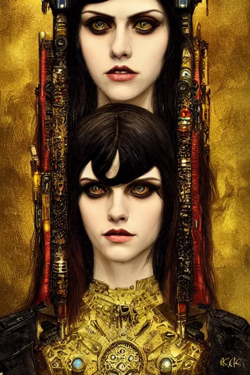 Image similar to portrait of beautiful gothic Alexandra Daddario, cyberpunk, Warhammer, highly detailed, artstation, illustration, art by Gustav Klimt