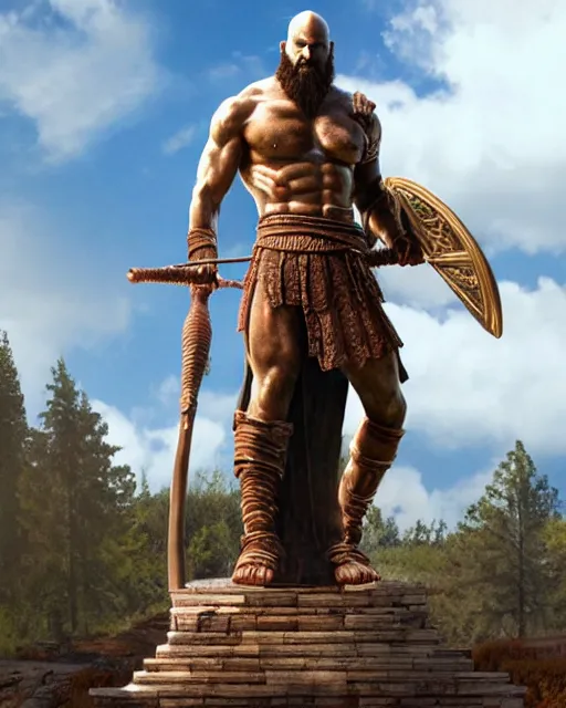 Image similar to a gigantic 1 0 0 0 foot bronze statue of a kratos holding his spear and shield, god of war, fantasy landscape, thousands of tiny onlookers, photorealistic, atmospheric