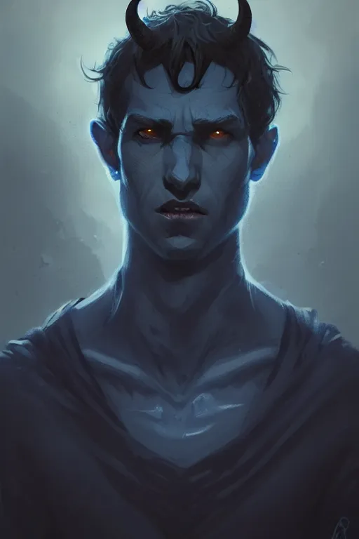 Image similar to portrait of a sad dark blue tiefling boy with horns and shaggy dark hair and pitch black hollow eyes, soft soft rounded face face face by Greg Rutkowski, concept art, sharp focus, illustration, intricate, highly detailed