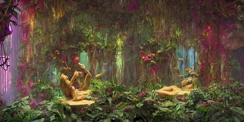 Image similar to Beautiful Ancient Greece Sculpture in jungle with big wild flowers windows, figures, soft neon lights, bright colors, cinematic, cyberpunk, smooth, chrome, lofi, nebula, calming, dramatic, fantasy, by Moebius, by zdzisław beksiński, fantasy LUT, studio ghibli, high contrast, epic composition, sci-fi, dreamlike, surreal, angelic, 8k, unreal engine, hyper realistic, fantasy concept art, XF IQ4, 150MP, 50mm, F1.4, ISO 200, 1/160s, natural light, Adobe Lightroom, photolab, Affinity Photo, PhotoDirector 365