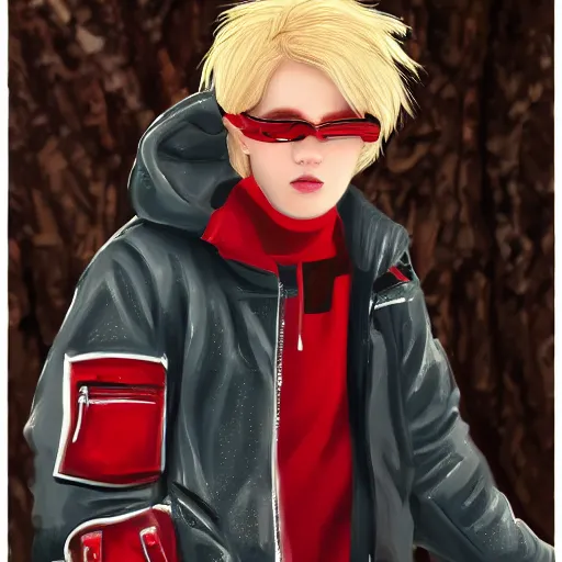 Image similar to a blonde teenager, goggles, red jacket, knife in his mouth, knife in right hand, knife in his left hand, photorealistic, hd, high details, detailed portrait