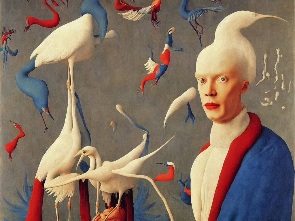 Prompt: Portrait of albino mystic with blue eyes, with exotic beautiful crane. Painting by Jan van Eyck, Audubon, Rene Magritte, Agnes Pelton, Max Ernst, Walton Ford