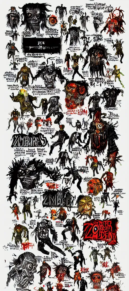 Prompt: full page diagram of different zombies, lithographics, color, on white paper, labeled diagram, illustration, detailed, intricate, vector, vector aesthetics, light watercolor aesthetic