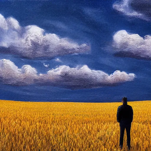 Prompt: a man standing in a open field with a rift in the sky, wide angle shot, hd, intricate detail, painting