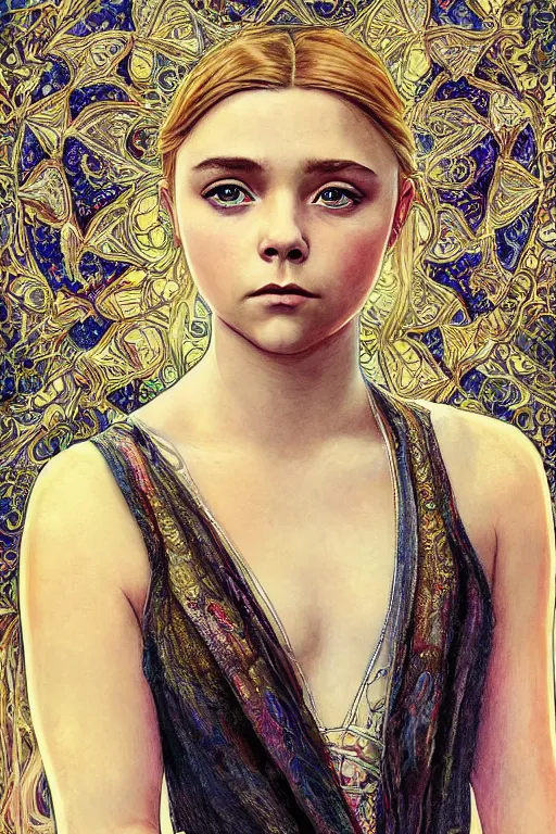 Image similar to a full body art nouveau portrait of a 16-year old girl who resembles Chloe Grace Moretz and Saoirse Ronan with a worried, intense gaze, wearing sheer silks and ornate intricate iridescent mother-of-pearl jeweled armor, intricate, elegant, highly detailed, digital painting, artstation, concept art, smooth, sharp focus, illustration, art by John William Waterhouse and William Adolphe Bouguereau and Donato Giancola and Alphonse Mucha