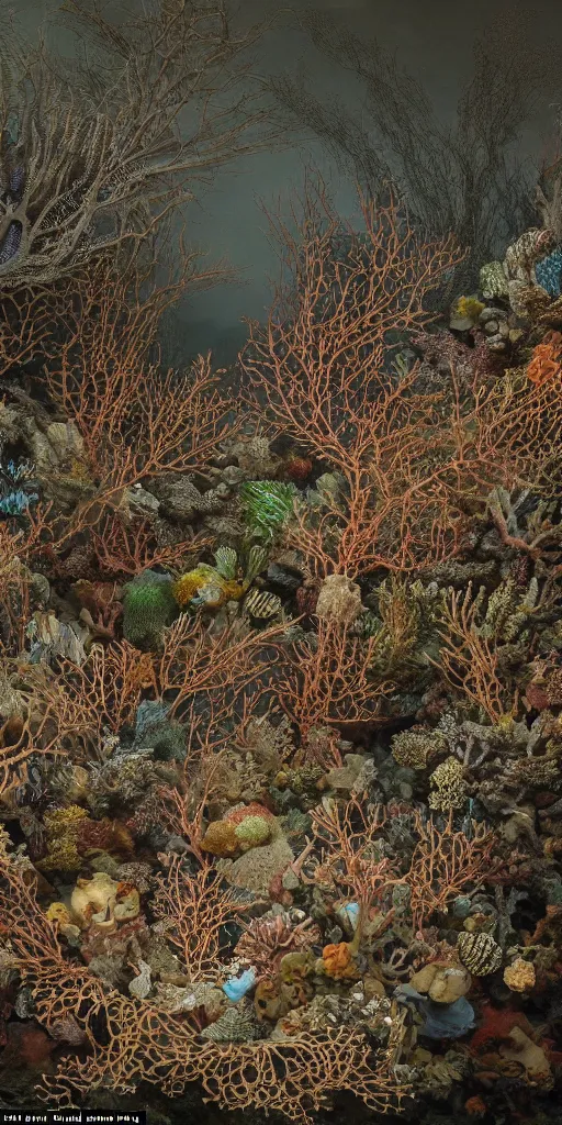 Image similar to a coral reef, made of intricate decorative lace leaf skeleton, in the style of the dutch masters and gregory crewdson, dark and moody