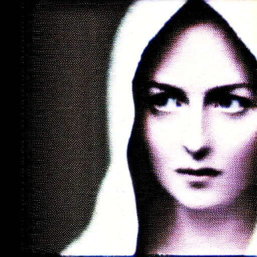 Image similar to vhs static overlay of marian apparition, vhs, 1 9 9 0, highly realistic, highly detailed, vhs noise static, black and white, vhs glitch