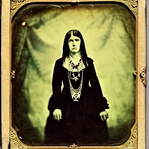 Image similar to daugerreotype of cthulhu high priestess. ambrotype of occult priestess. tintype of a beautiful woman. priestess of dagon. cursed priestess. daugerreotype. baroque frame