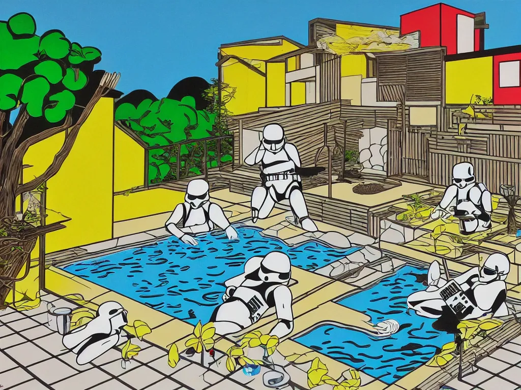 Image similar to hyperrealism composition of the japanese house with a hot springs in the garden, two detailed stormtroopers bathe in a hot spring, pop - art style, jacky tsai style, andy warhol style, roy lichtenstein style, acrylic on canvas