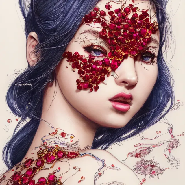 Prompt: studio portrait of absurdly beautiful, elegant, young hypercolorful gravure idol made of rubies and red gems, ultrafine hyperrealistic detailed face illustration by kim jung gi, irakli nadar, intricate linework, sharp focus, bright colors, matte, octopath traveler, final fantasy, unreal engine highly rendered, global illumination, radiant light, intricate environment