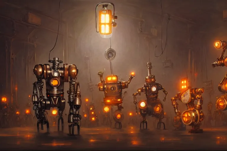 Image similar to steampunk robots expressively dancing by otto dix and greg rutkowski and andreas rocha, cinematic lighting, highly detailed, warm colours, 4 k