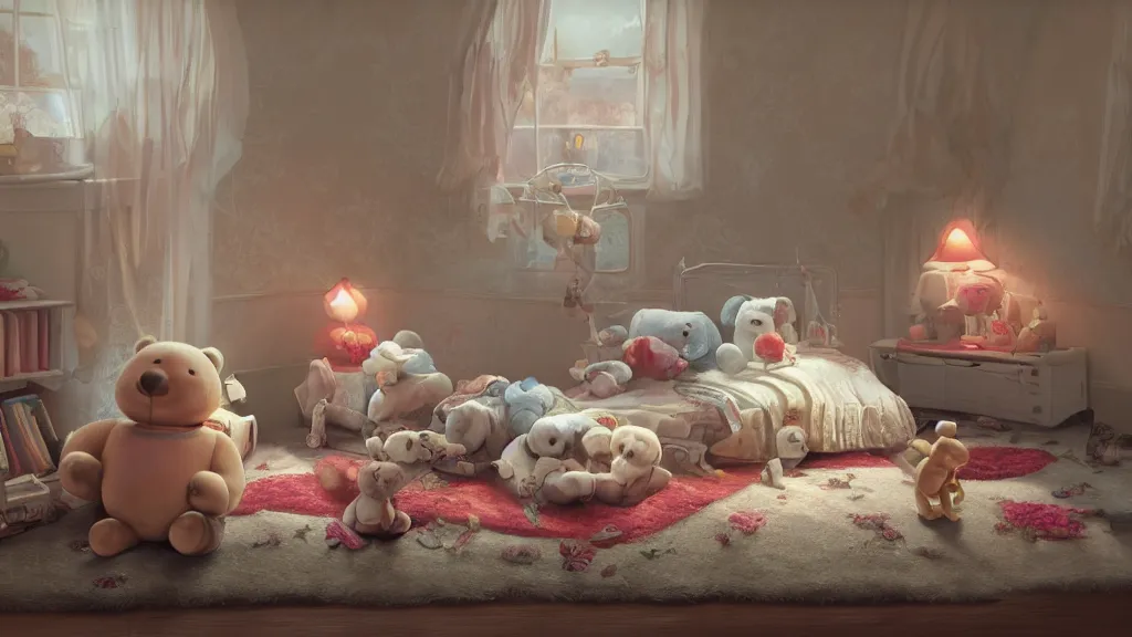 Image similar to a Photorealistic hyperrealistic render of an interior of a beautifully decorated spoiled child's beautiful bedroom, Close up low angle view of a vintage wind up toy robot on the floor with a giant teddy bear sitting on the bed by PIXAR,Greg Rutkowski,WLOP,Artgerm,dramatic moody sunset lighting,long shadows,Volumetric, cinematic atmosphere, Octane Render,Artstation,8k