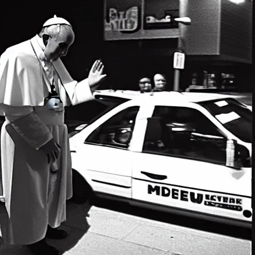 Image similar to pope francis carjacking a car in downtown new york outside a mcdonalds at 3am CCTV footage grainy black and white