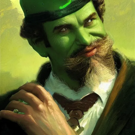 Prompt: well - groomed green - skinned bard, goatee, bald, thoughtful expression, gong, fantasy character portrait by greg rutkowski, gaston bussiere, craig mullins