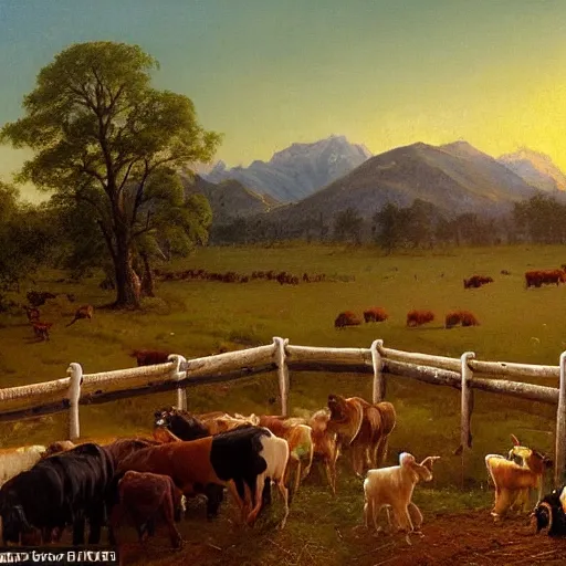 Prompt: an extremely detailed matte painting of a rancher feeding the animals at sunrise, tall rancher wearing a cowboy hat, dogs, cows, sheep, chickens, ducks, 4 k, ranch the morning after a light snowfall, by bob ross and norman rockwell and albert bierstadt