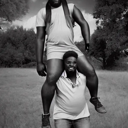 Image similar to a little black person rides on the shoulder's of a huge 7 ft tall 5 0 0 pound black man. hyperreal - h 6 4 0